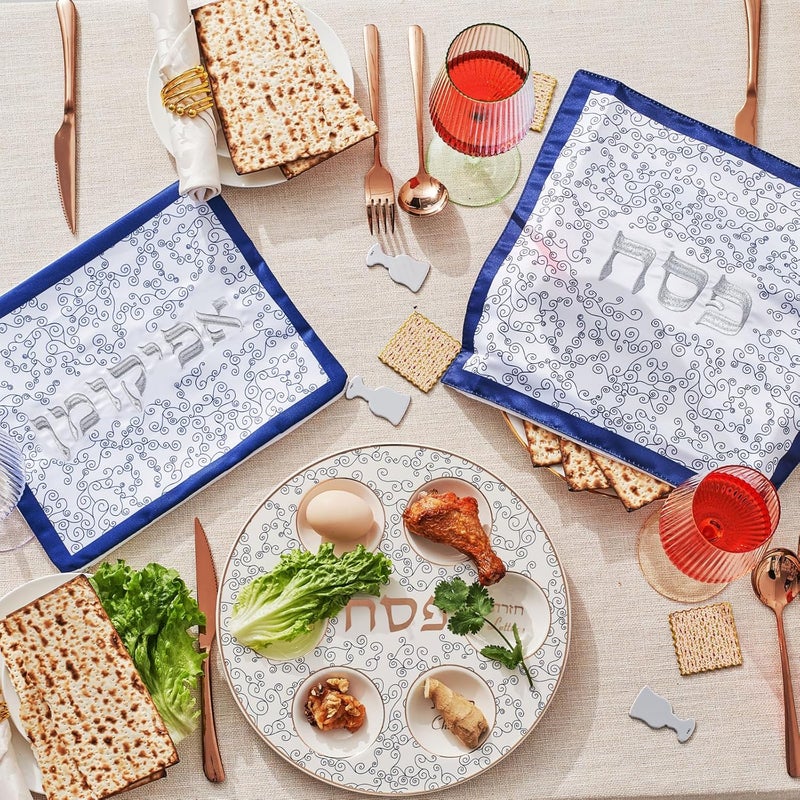 Rite Lite Classic White & Blue Curlicue Seder Plate With Gold Accents - Elegant & Modern Pesach Seder Dish Recipe Hebrew & English Haggadah Traditional Jewish Holiday Party Plate Decor Judaism Gifts - Image 4